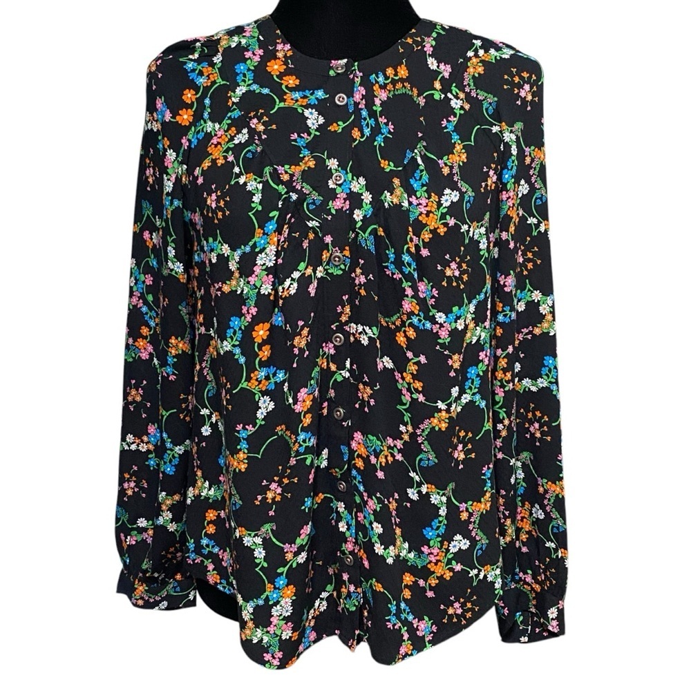 Maeve Anthropologie Avignon Floral Button Down Blouse XS Boho Retro Black Top